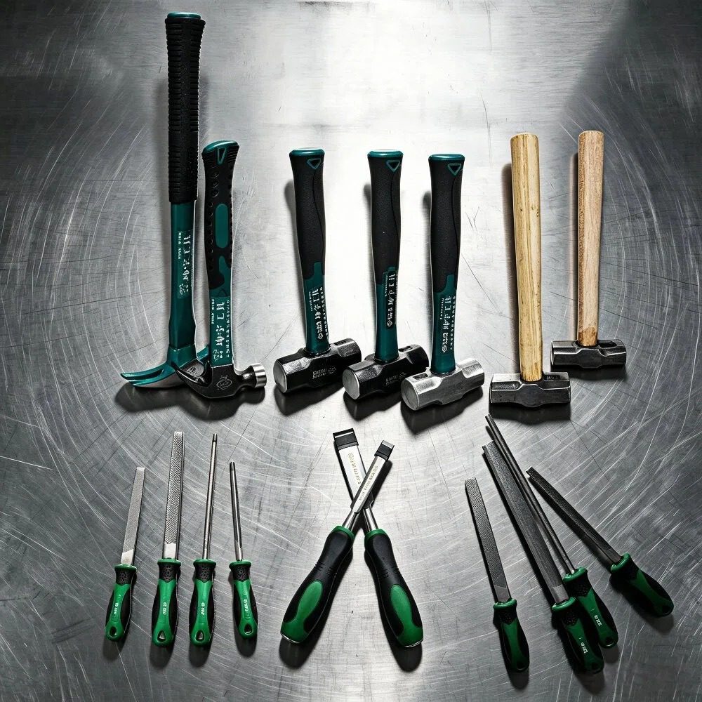 An assortment of striking tools, including two-tone hammers, mallets, woodworking chisels, and professional metal files.