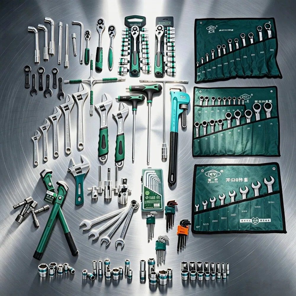 A detailed display of chrome vanadium steel wrenches, including adjustable, ratcheting, and socket wrenches, arranged with green storage bags.