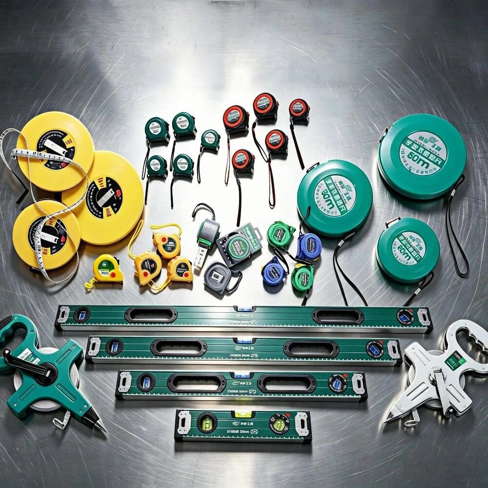 A variety of precision measuring tools including retractable tape measures, aluminum spirit levels, rulers, and squares.