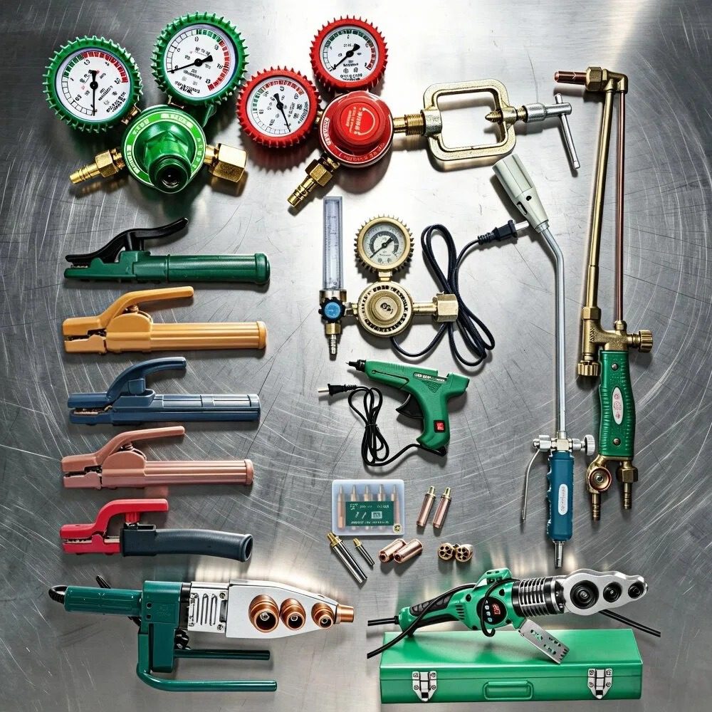 Professional welding and cutting gear, including gas pressure regulators, welding pliers, torches, and hot melt glue guns.