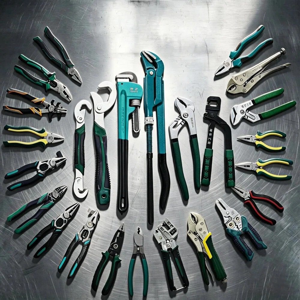 A radial display of various heavy-duty pliers, including needle-nose, diagonal, and snap ring pliers, from Huashu Tools' holding tools collection.