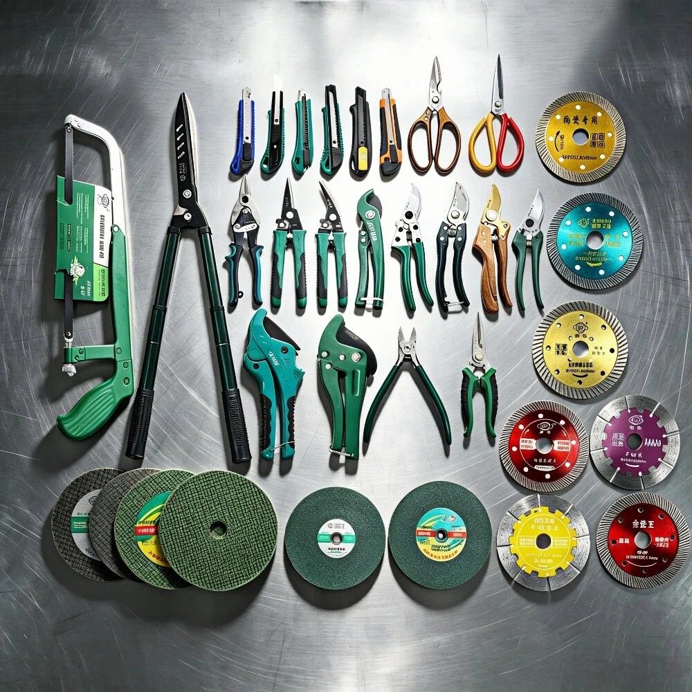 A collection of industrial cutting tools, featuring cable shears, aviation snips, utility knives, and various grinding wheels and saw blades.