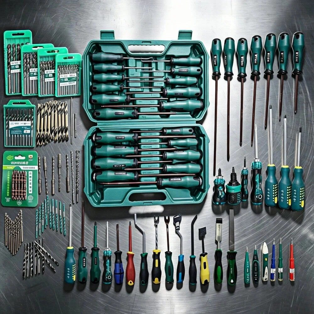 A complete set of screwdrivers and multi-specification drill bits, including twist drills and hole saws, displayed in an open green tool case.
