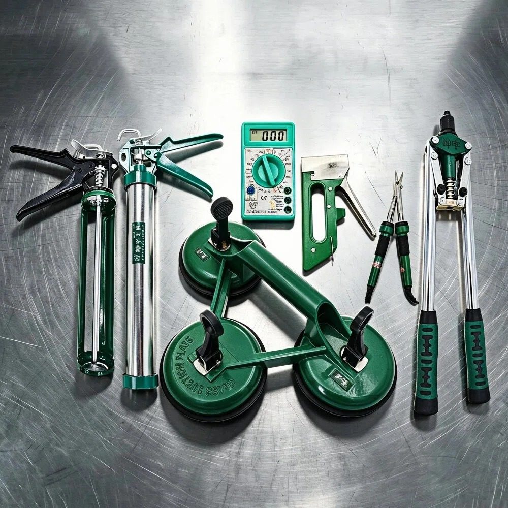 A mix of specialized hardware tools, including digital multimeters, suction cups, and rivet guns, laid out on a metal surface.