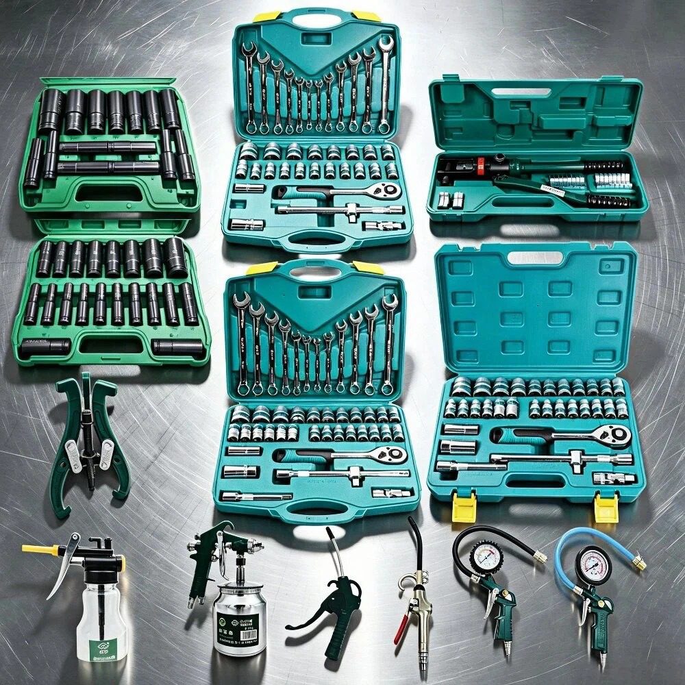 Various multi-piece auto repair socket sets in green cases, alongside pneumatic tools, grease guns, and tire pressure gauges.