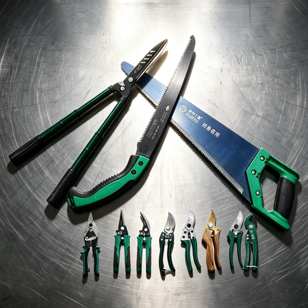 Professional gardening tools showcased on a metal surface, featuring heavy-duty loppers, branch trimmers, and garden saws.