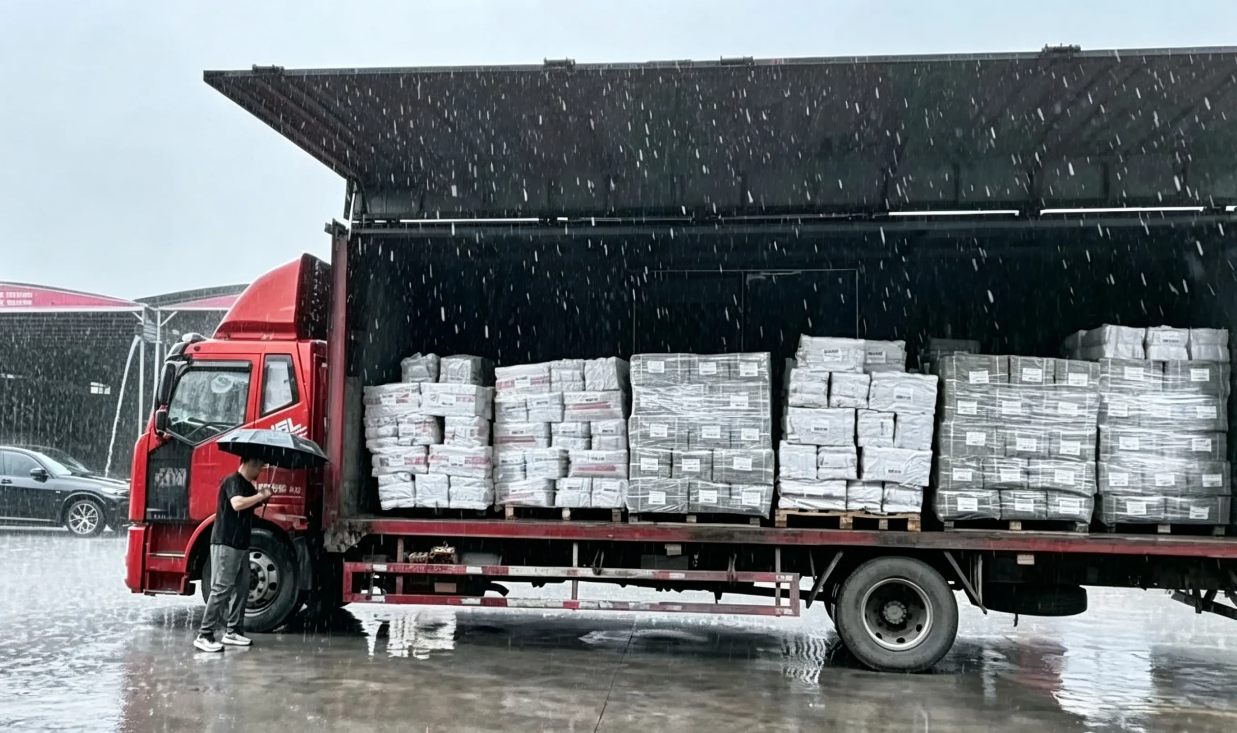 huashutools.com wing‑van truck loaded with export hardware tool bales in rain, cross‑border wholesale cargo ready for transit