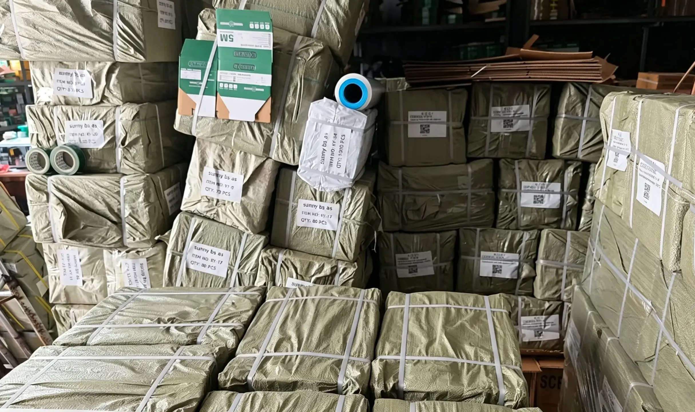 huashutools.com warehouse stacked woven‑bag bales of export hand tools for cross‑border wholesale