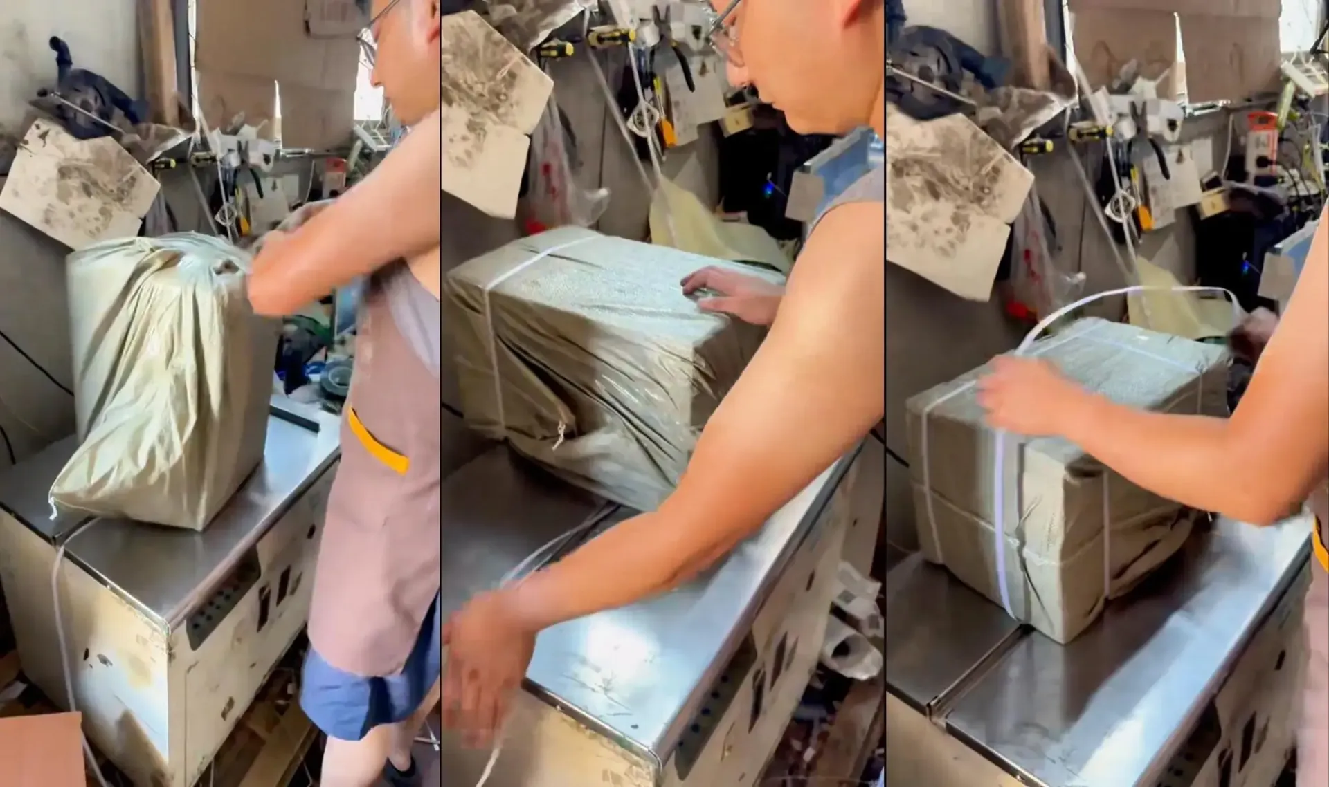 hardware tools factory packing, strapping machine for export tool bales