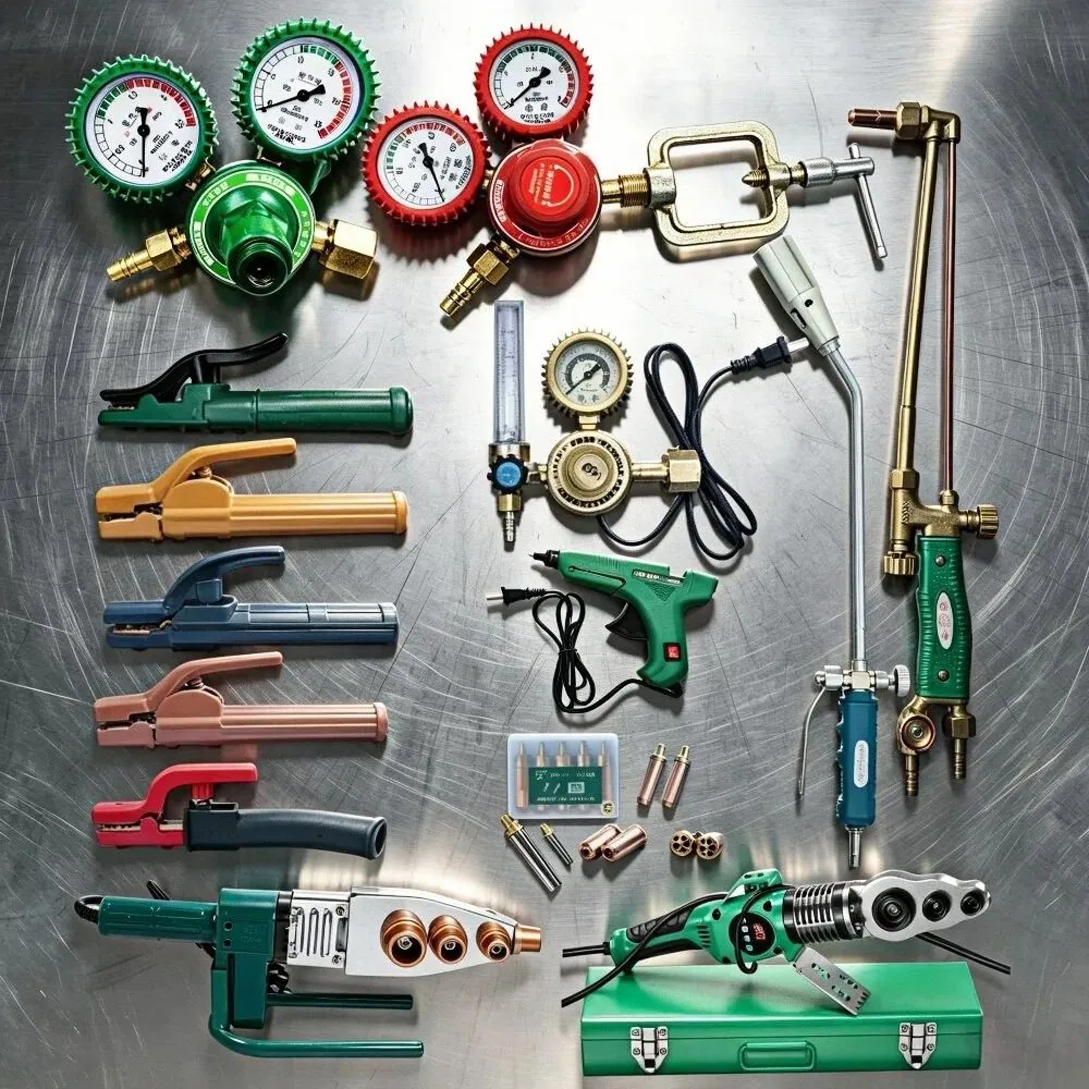 Professional welding and cutting gear, including gas pressure regulators, welding pliers, torches, and hot melt glue guns.