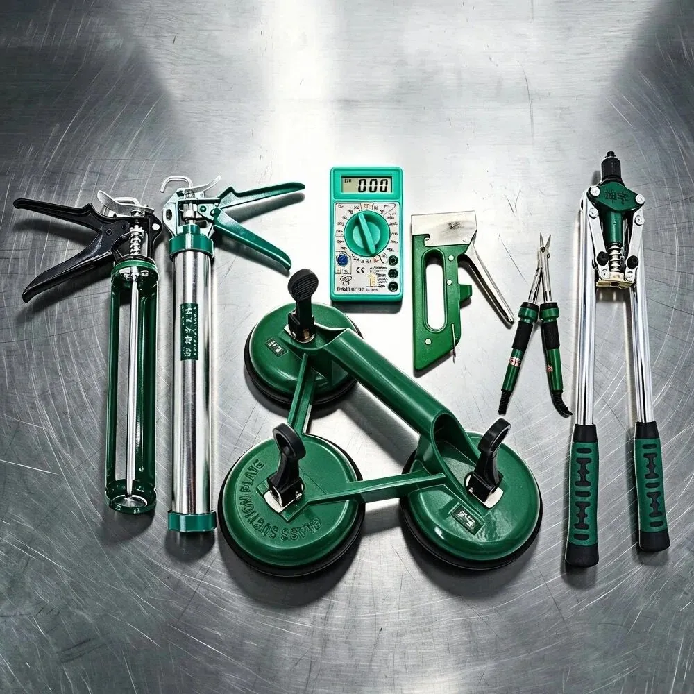 Specialized hardware tools: digital multimeters, suction cups, and rivet guns