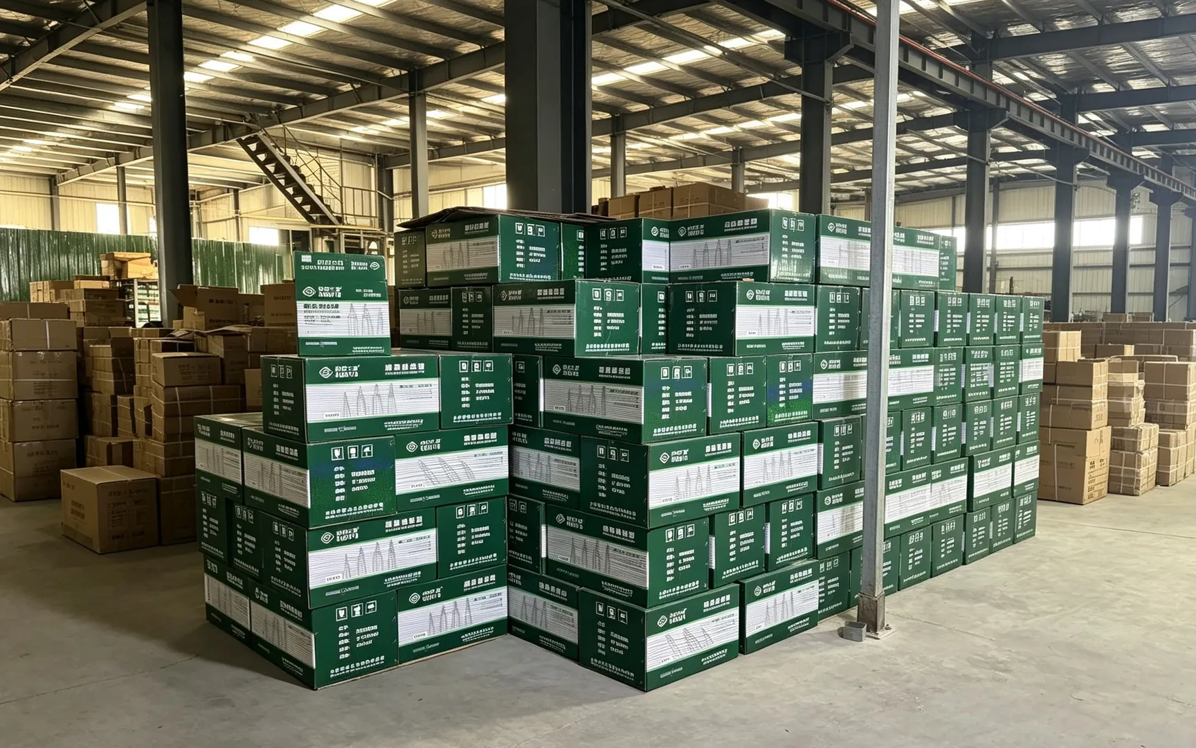Bulk hand tool cartons stored on warehouse racking for export