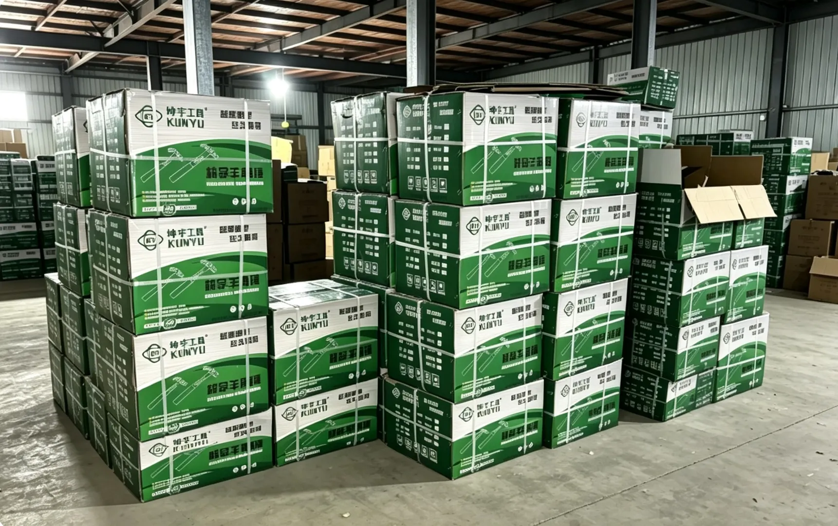 Packed Huashu Tools tool cartons arranged on warehouse shelves