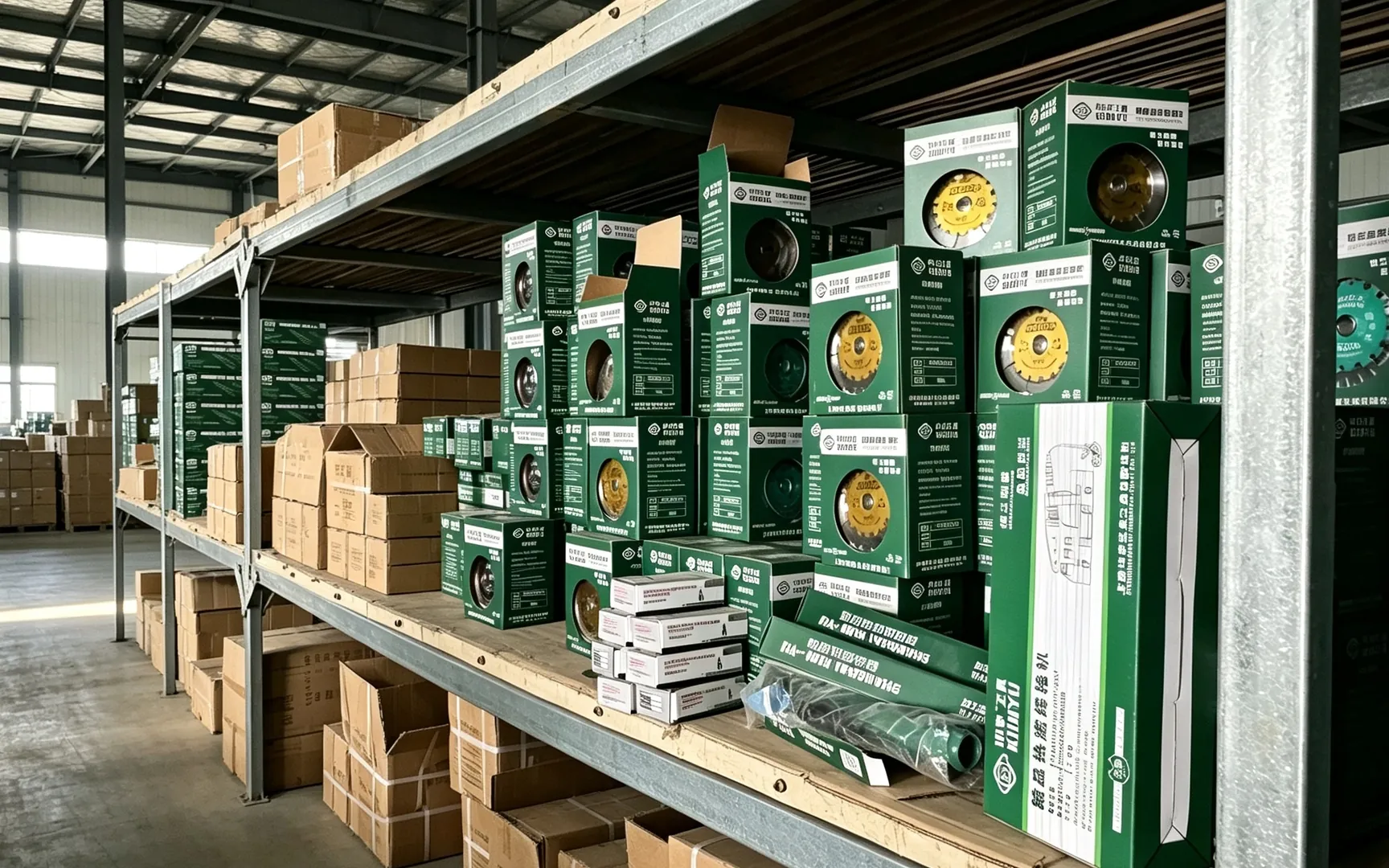 Packed hand tool cartons on pallets in Huashu Tools warehouse