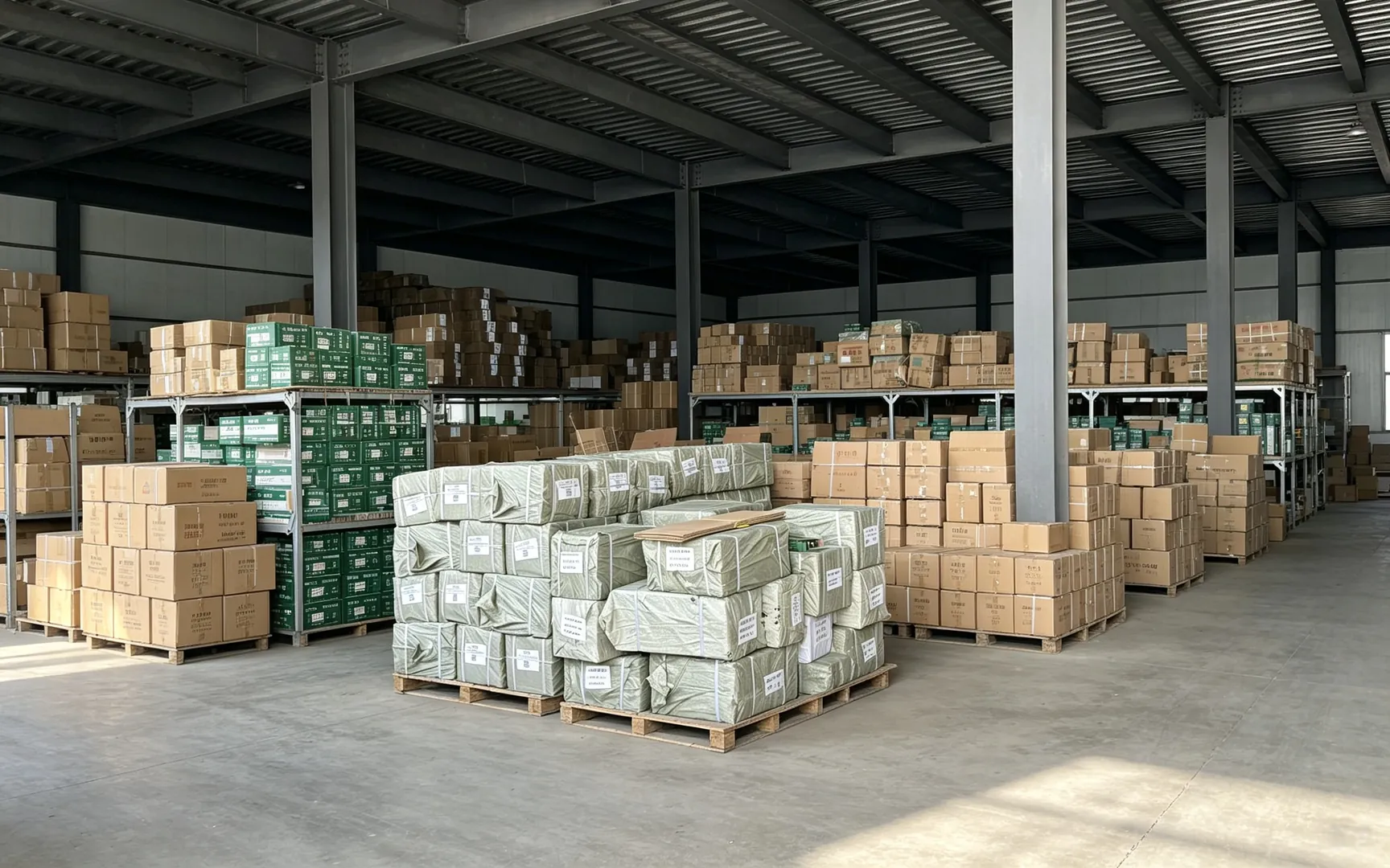 Warehouse shelves with packed Huashu Tools hand tool cartons