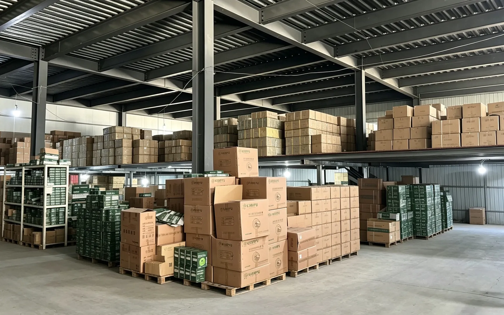 Warehouse storage area with boxed hand tools ready for dispatch