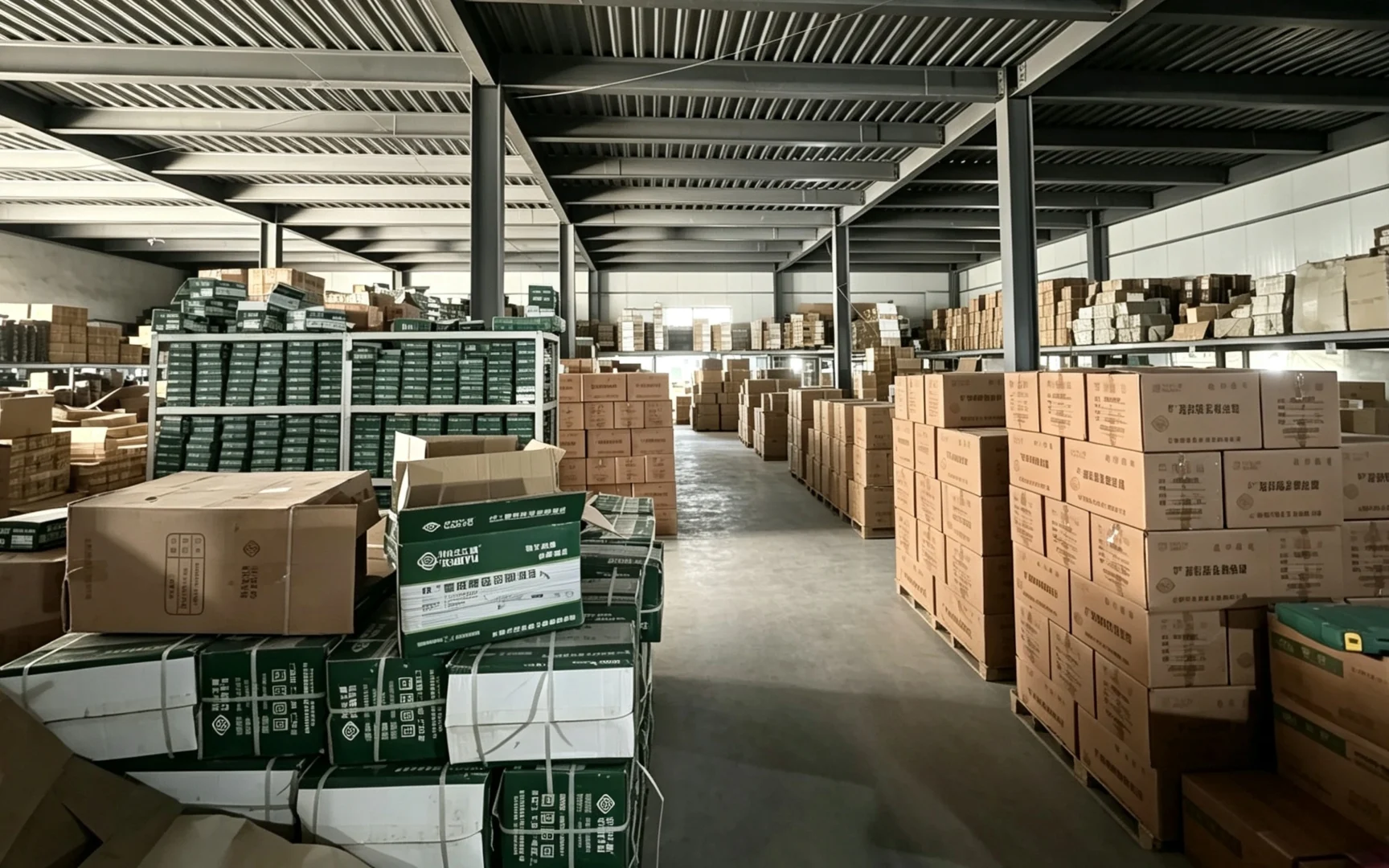 Warehouse aisle with stacked hand tool cartons at Huashu Tools export facility in China