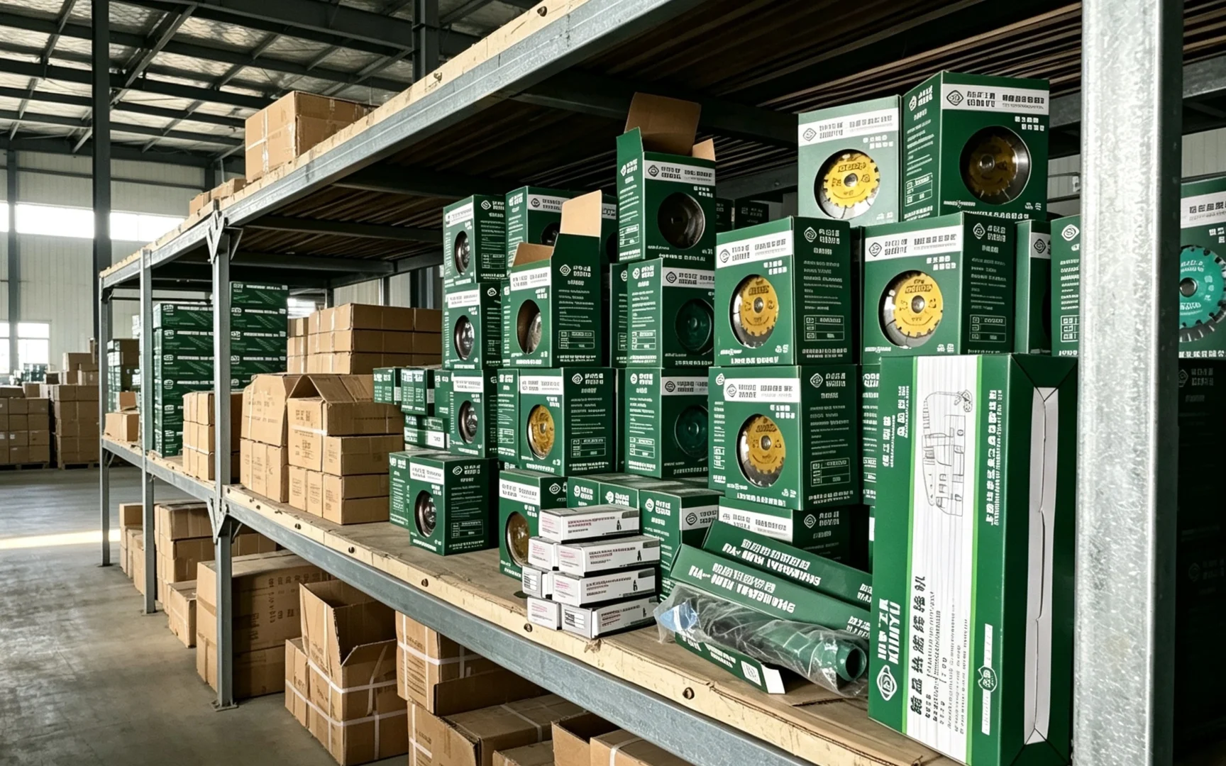 Packed hand tool cartons on pallets ready for sample dispatch from Huashu Tools warehouse